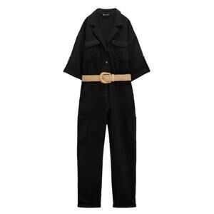 NWT ZARA Linen Blend Belted Coverall Jumpsuit in Black SZ S